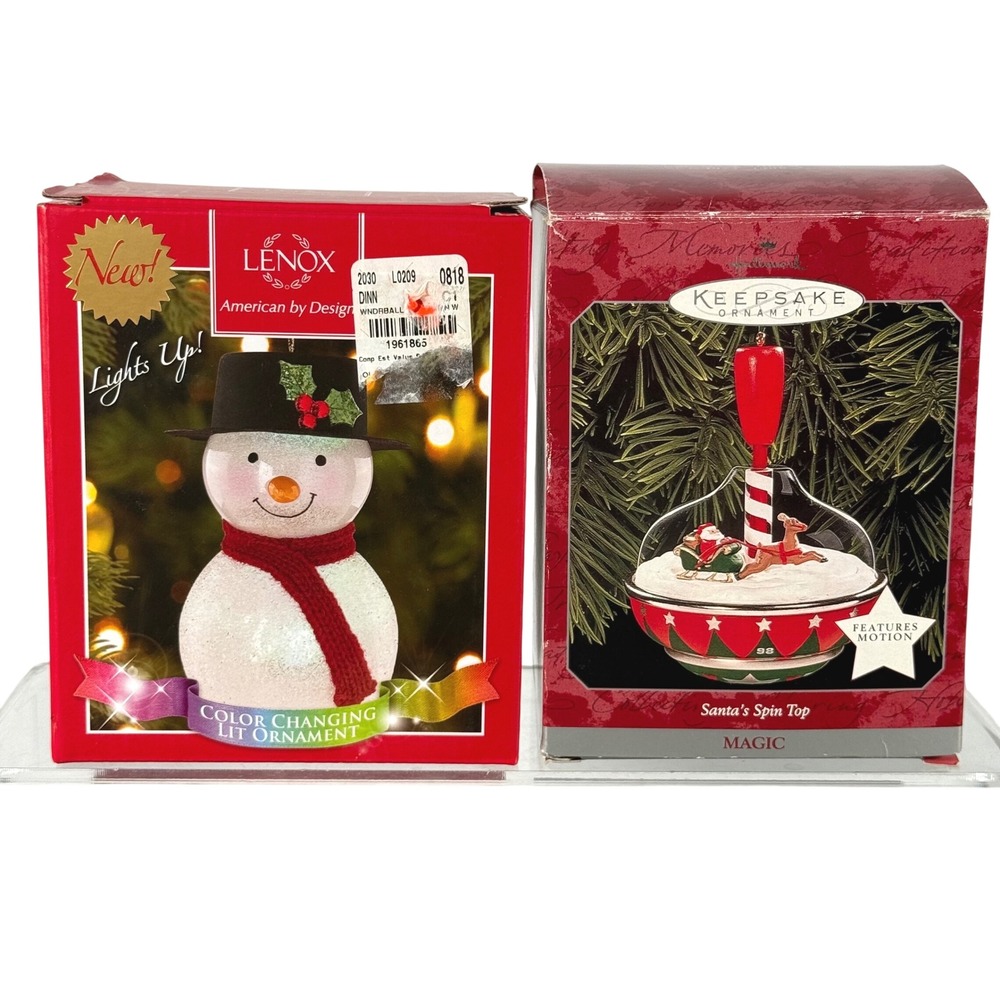 Lenox Snowman & Hallmark Santa Spin Top Ornaments Lot 1998 Multicolor China